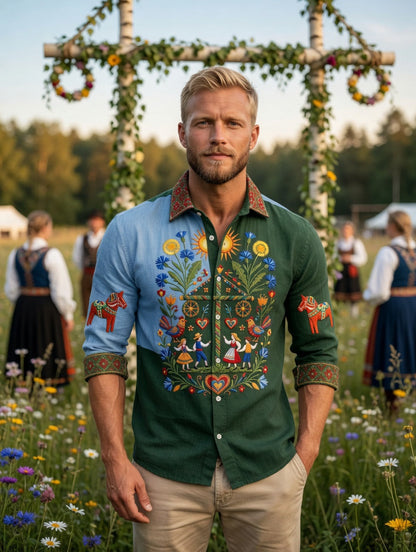 Men's retro Swedish Midsummer folk never-fading floral cotton-linen long-sleeved shirt