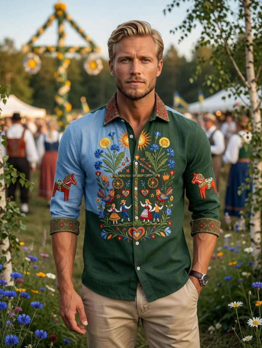 Men's retro Swedish Midsummer folk never-fading floral cotton-linen long-sleeved shirt