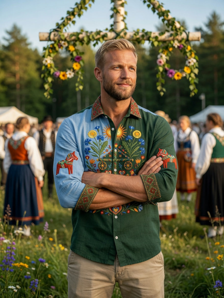 Men's retro Swedish Midsummer folk never-fading floral cotton-linen long-sleeved shirt