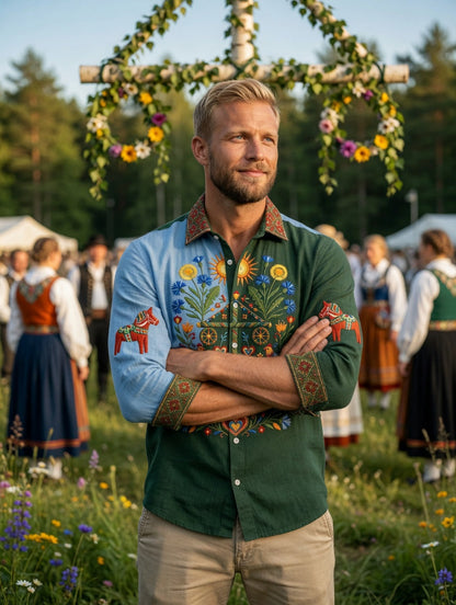 Men's retro Swedish Midsummer folk never-fading floral cotton-linen long-sleeved shirt