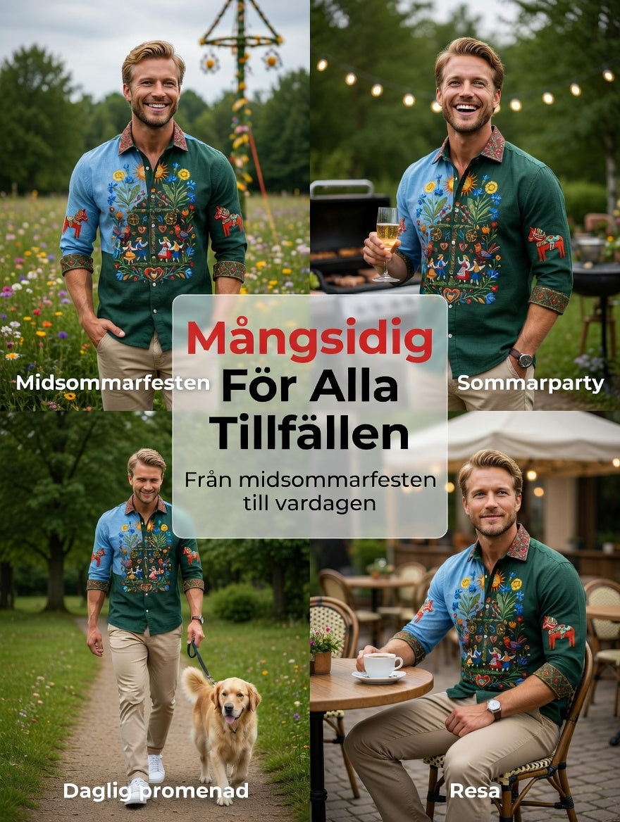 Men's retro Swedish Midsummer folk never-fading floral cotton-linen long-sleeved shirt