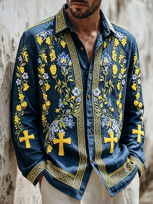 Men's shirt in deep blue with a Swedish midsummer floral pattern, made from comfortable cotton-linen with long sleeves.