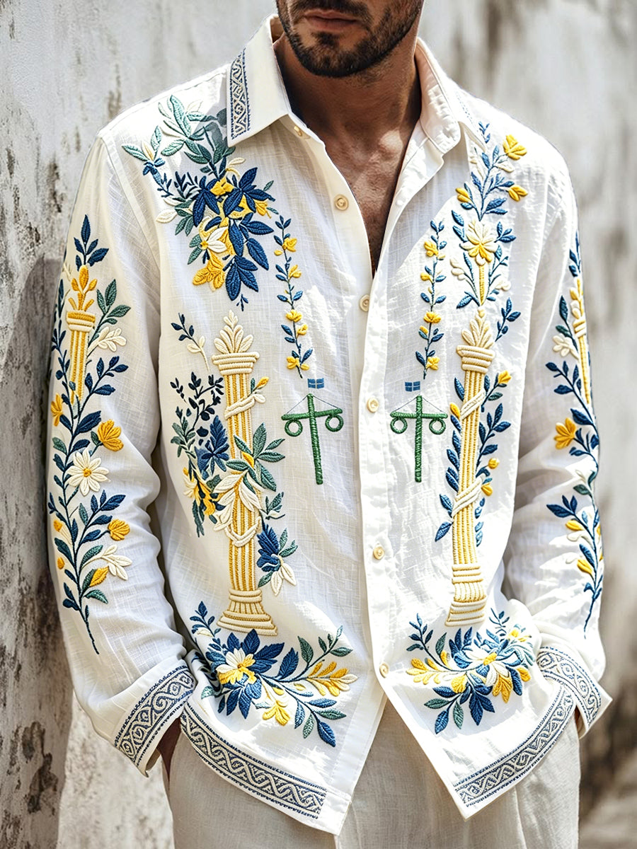 Men's white cotton-linen floral long-sleeved casual shirt