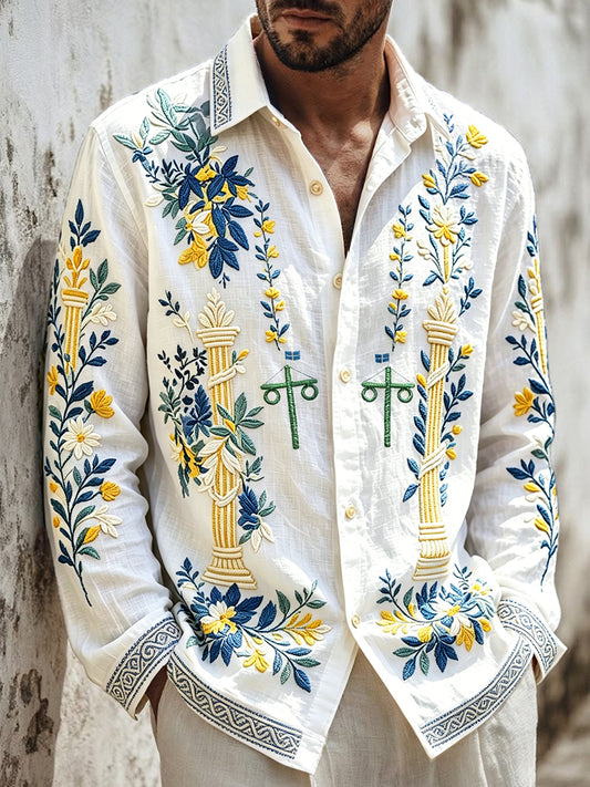 Men's white cotton-linen floral long-sleeved casual shirt