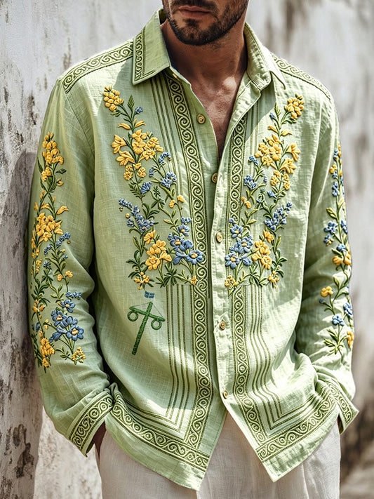 Men's Swedish Midsummer 3D Floral Print Long Sleeve Cotton Linen Casual Shirt