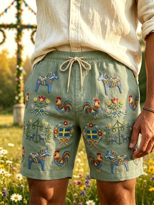 Men's Retro Swedish Midsummer Folk Floral Cotton-Linen Shorts