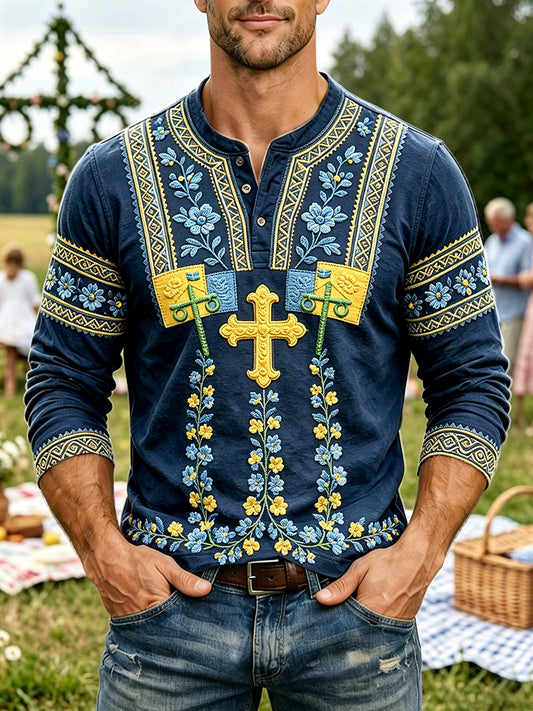 Men's Deep Blue Swedish Midsummer Floral Patterned Casual Henley Neck Long Sleeve T-Shirt