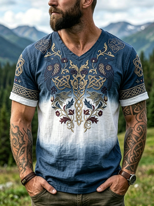 Men's Retro Gradient Print V-Neck Casual T-Shirt