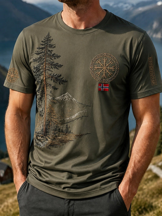 Men's Vintage Norwegian Mountain Print Casual Outdoor Shirt