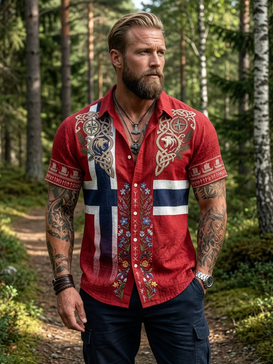 Herr retro asymmetrisk blomstermønstret fritidsskjorte med korte ermer