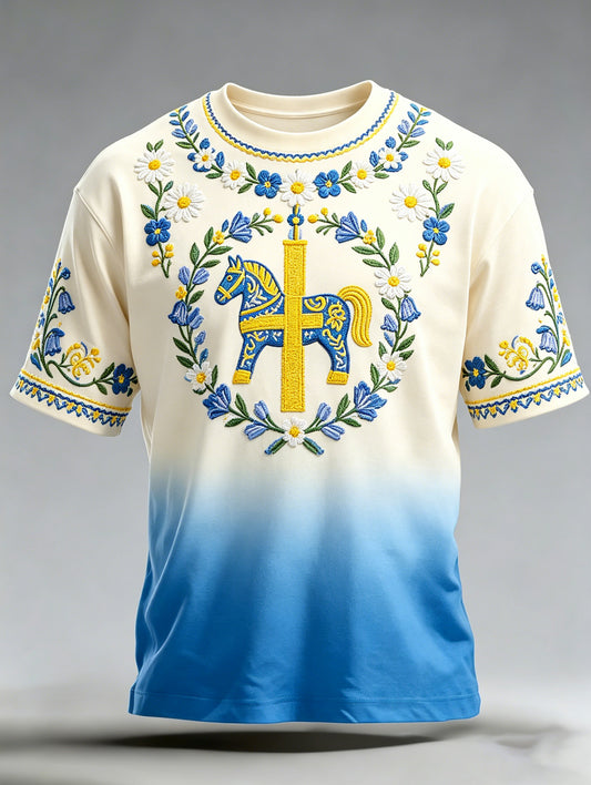 Men's short-sleeved top with an art print celebrating the Swedish Midsummer festival