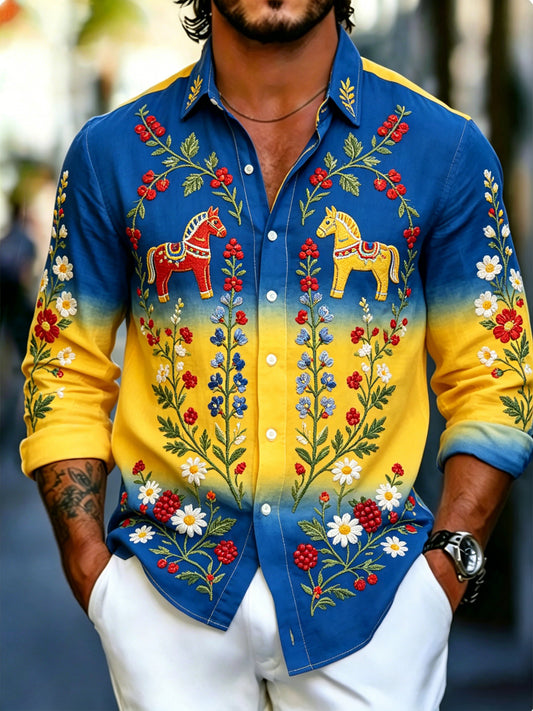 Men's long-sleeved top with an art print celebrating the Swedish Midsummer festival