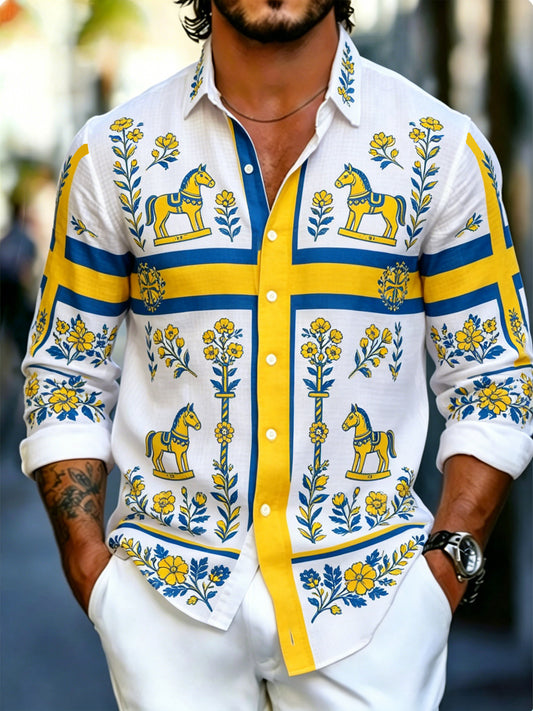 Men's long-sleeved top with an art print celebrating the Swedish Midsummer festival