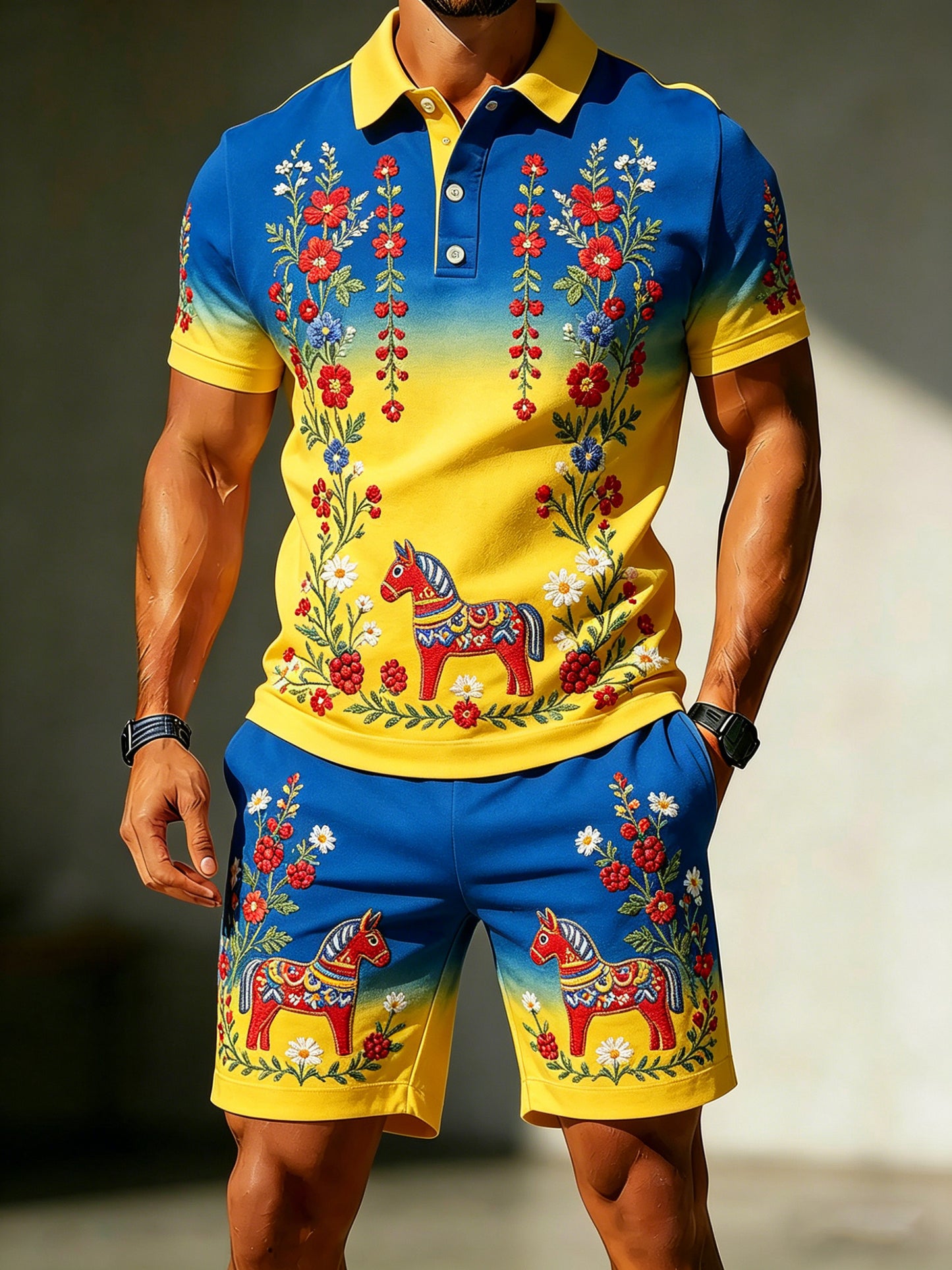 Men's clothing with Swedish Midsummer celebration – commemorative art print on polo shirt
