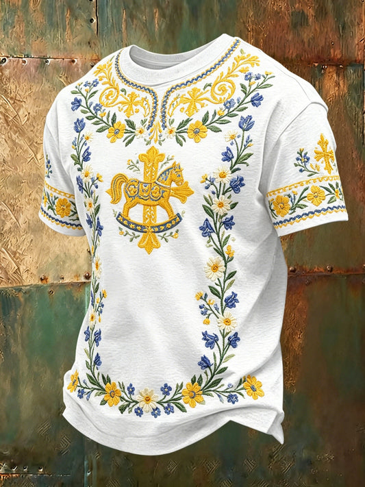 Men's short-sleeved top with an art print celebrating the Swedish Midsummer festival