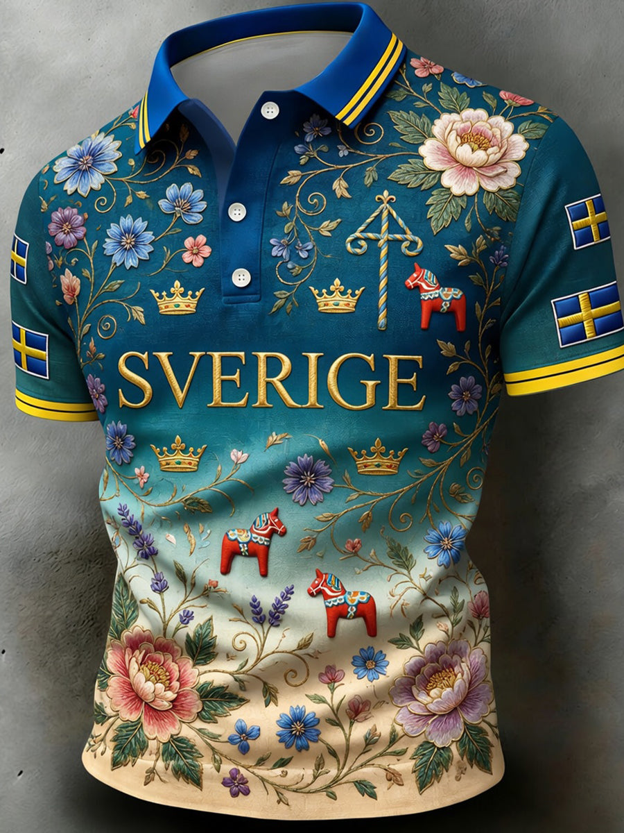 Herrretro svensk konsttryck avslappnad polotröja