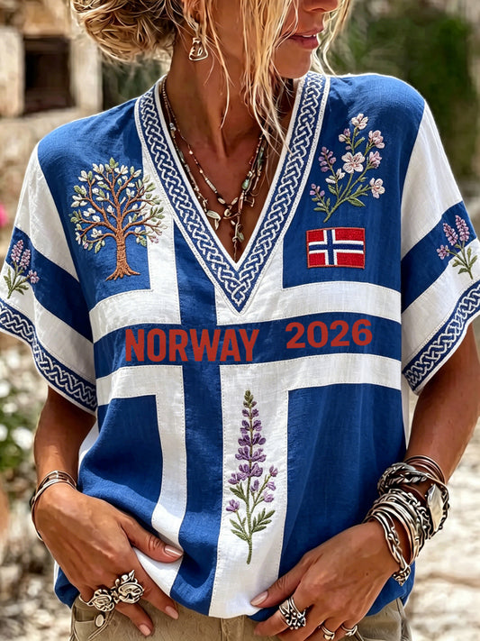 Kvinners norske fotballkamp-heiarart-print T-skjorte med V-utringning