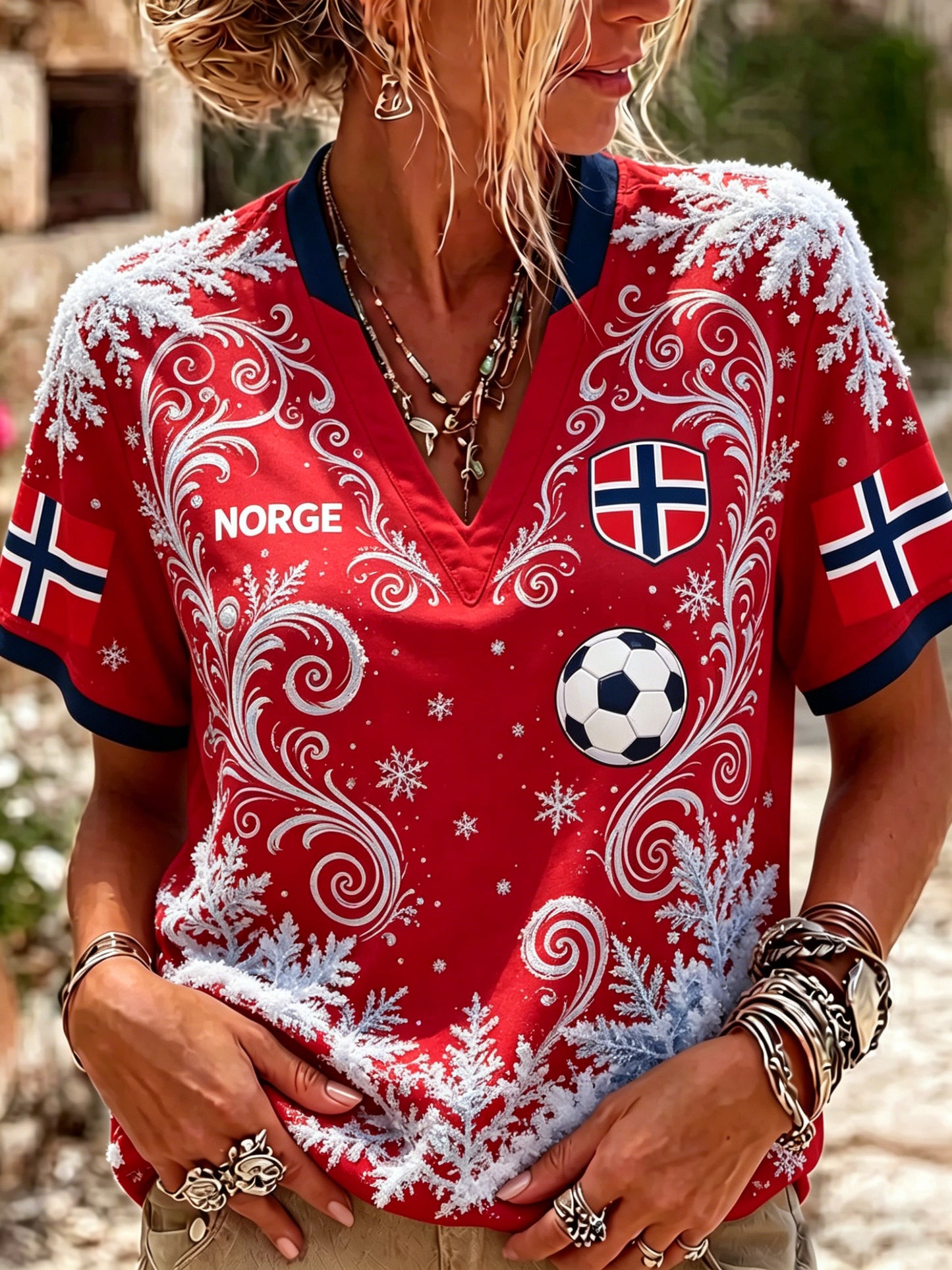 Women's Norwegian Football Match Cheer Art Print V-Neck T-Shirt