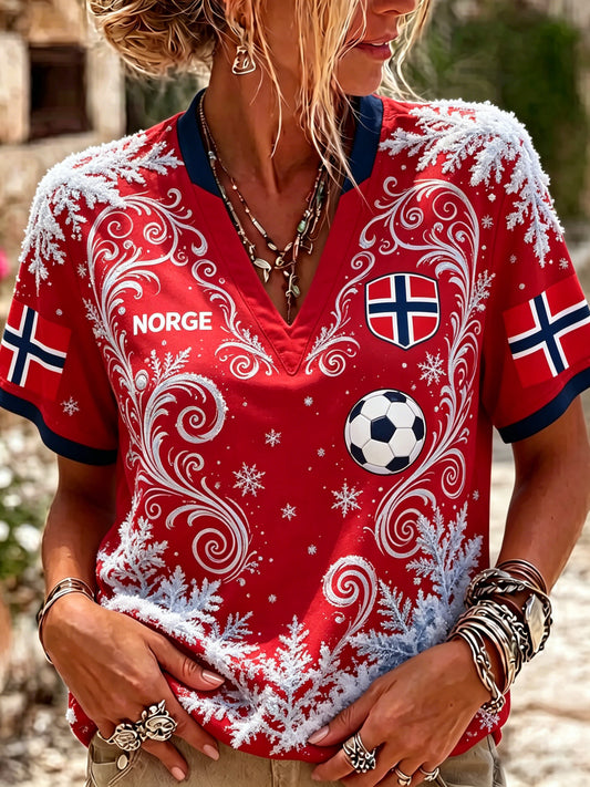 Kvinners norske fotballkamp-heiarart-print T-skjorte med V-utringning