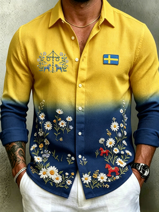 Men's Retro Swedish Midsummer Folk Never Floral Waffle Knit Long Sleeve Shirt