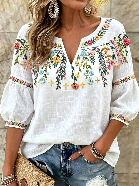 Women's White Swedish Floral 3D Print V-Neck Casual T-Shirt