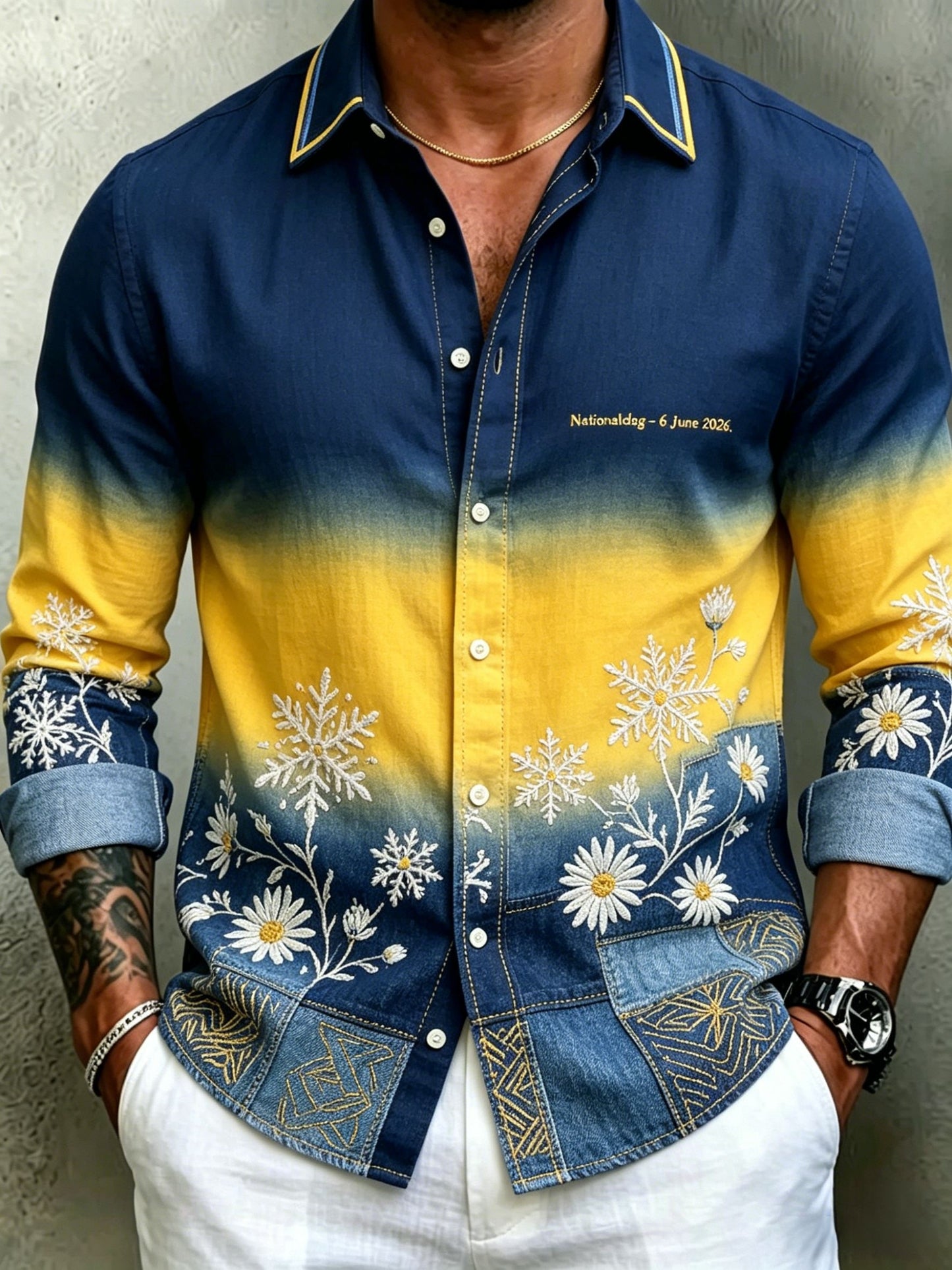 Herrretro svensk midsommarfolkblommig långärmad skjorta