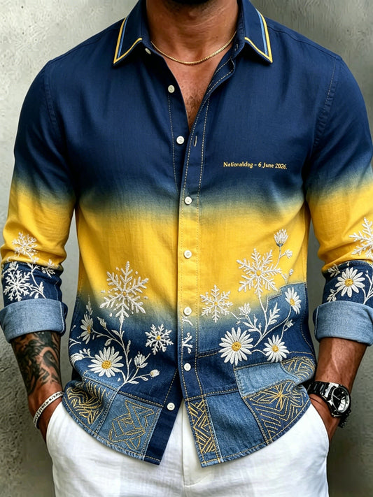 Men's Retro Swedish Midsummer Floral Long-Sleeved Shirt