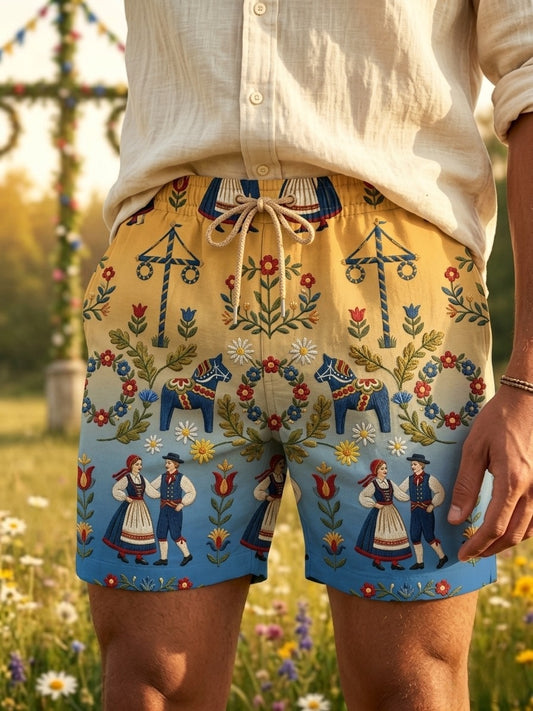 Men's Retro Swedish Midsummer Folk Floral Cotton-Linen Shorts
