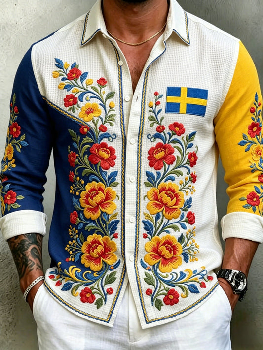 Men's Retro Swedish Midsummer Folk Never Floral Waffle Knit Long Sleeve Shirt