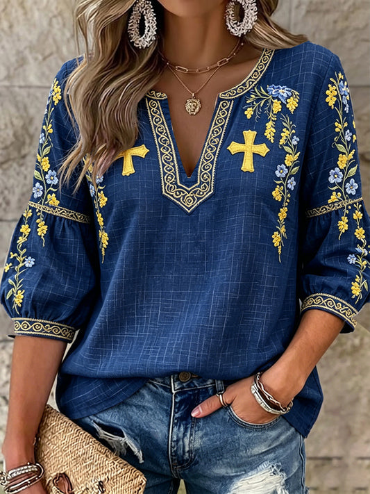 Women's Dark Blue Swedish Floral Midsummer 3D Print Casual V-Neck T-Shirt