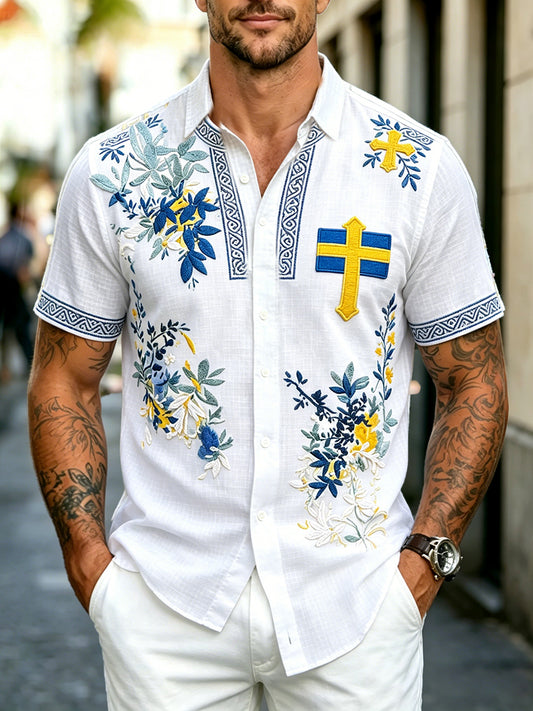 Men's White Swedish Flag Floral 3D Print Casual Short Sleeve Shirt