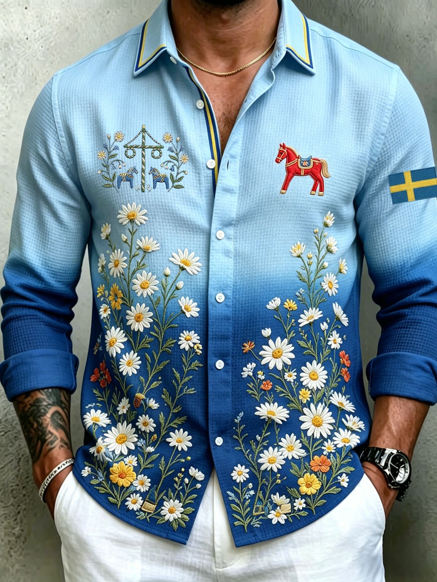 Herrretro svensk midsommarfolkaldrigblommig vafeltröja med långa ärmar