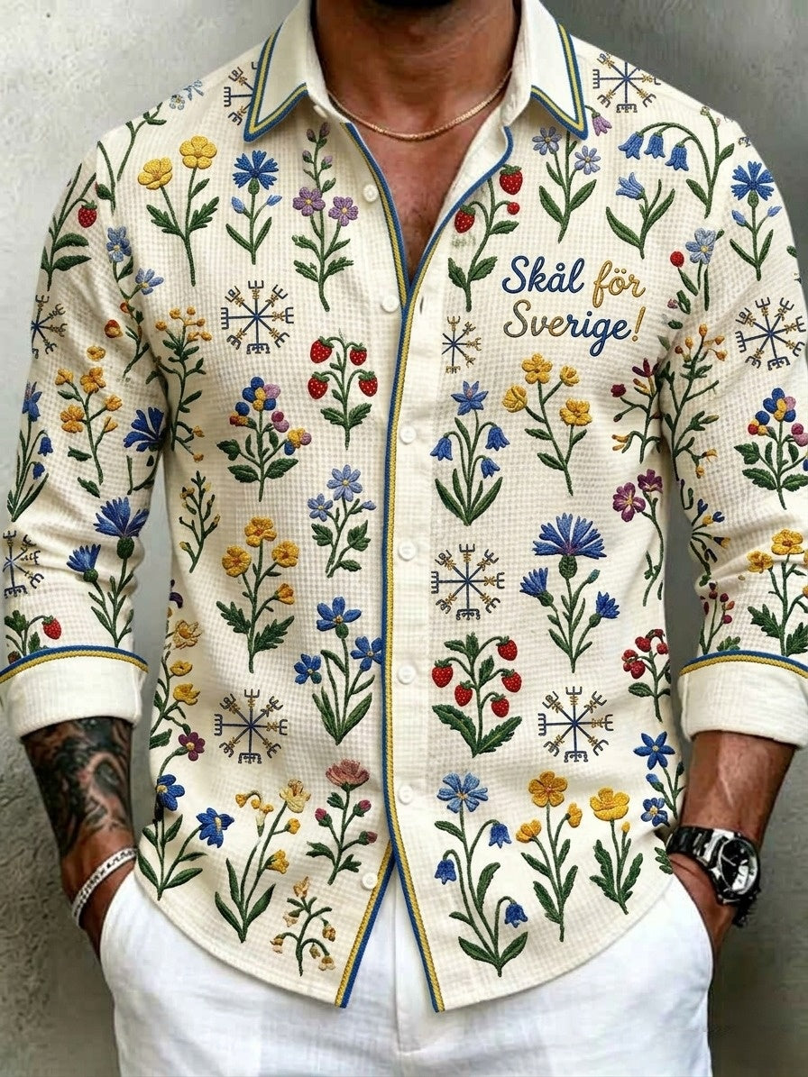 Herrretro svensk midsommarfolkaldrigblommig vafeltröja med långa ärmar