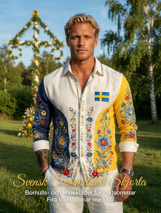 Men's Retro Swedish Midsummer Folk Never Floral Waffle Knit Long Sleeve Shirt