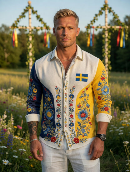 Herrretro svensk midsommarfolkaldrigblommig vafeltröja med långa ärmar