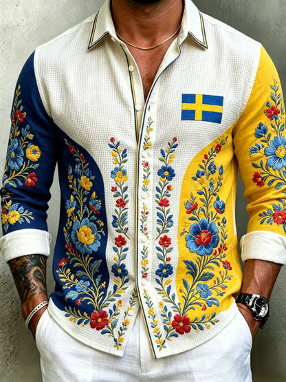 Herrretro svensk midsommarfolkaldrigblommig vafeltröja med långa ärmar