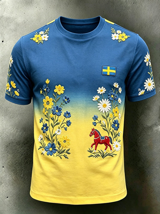 Men's midsummer outfit with floral print and color gradient, short-sleeved t-shirt