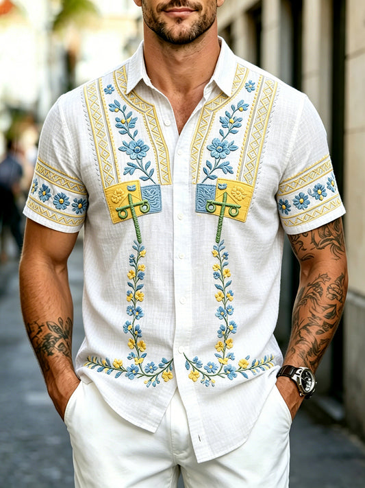 Men's White Swedish Floral 3D Printed Casual Short Sleeve Shirt
