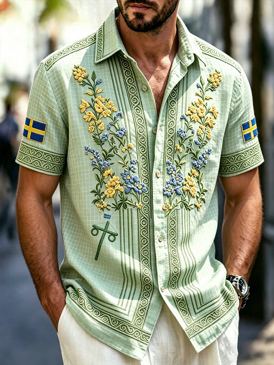 Men's Green Swedish Midsummer Floral 3D Print Casual Short Sleeve Shirt