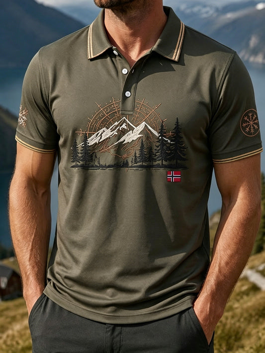 Men's Retro Norwegian Landscape Painting Print Casual Outdoor Polo Shirt
