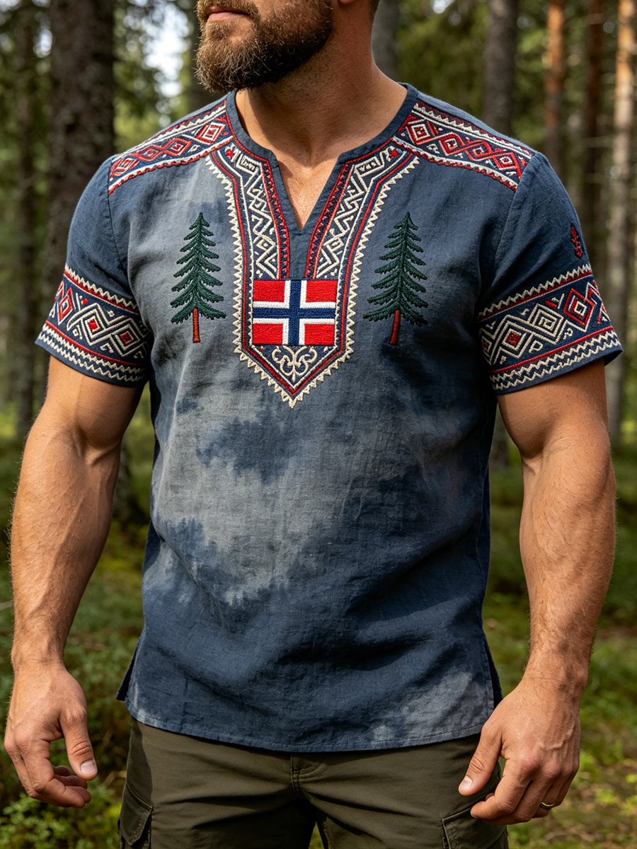Mannens vintage norske bomull-lin hverdags-T-skjorte