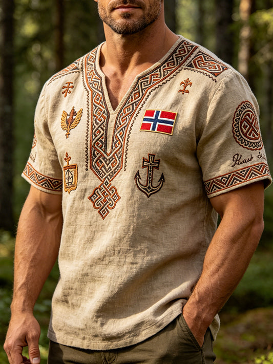 Men's Vintage Cotton Linen Casual Shirt with Nordic Print