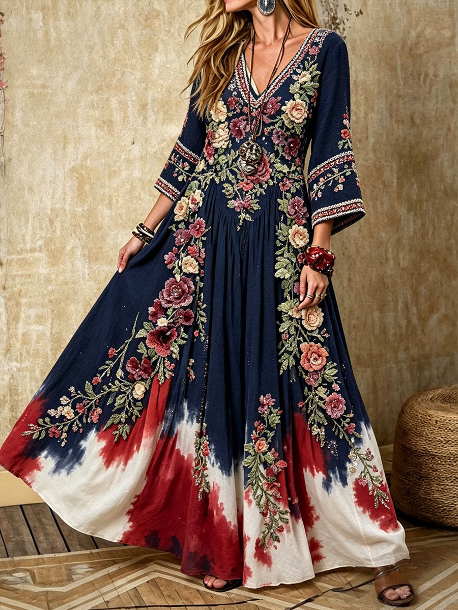 Women's dress in Scandinavian style with a Nordic floral motif printed on linen fabric