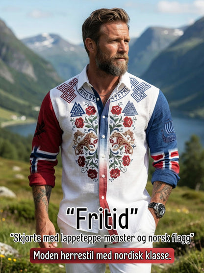 Mannens vintage norske symmetriske mønster fritidsskjorte