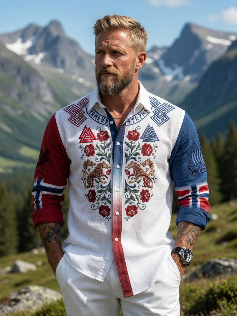 Mannens vintage norske symmetriske mønster fritidsskjorte