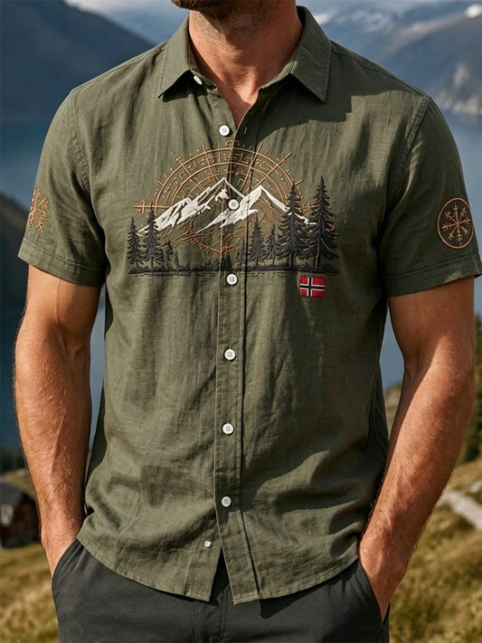Men's Vintage Outdoor Shirt with Norwegian Landscape Painting, Casual