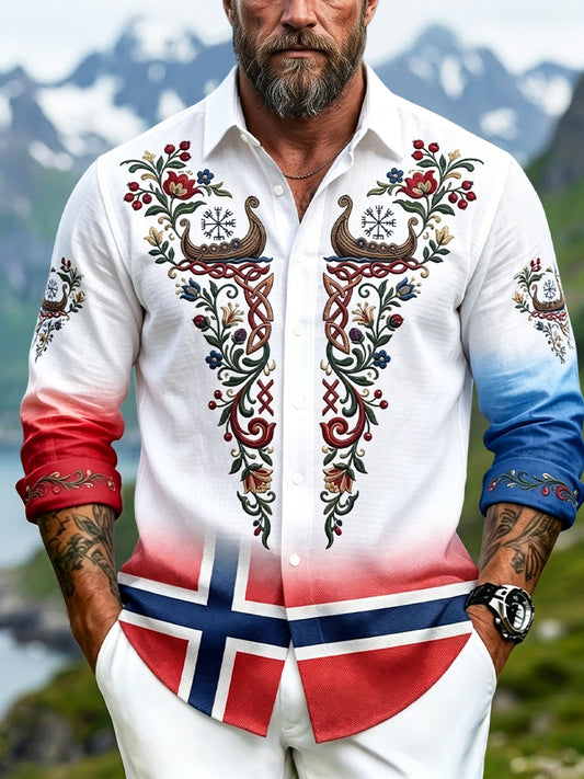 Men's Vintage Norwegian Print Graded Patchwork Casual Shirt