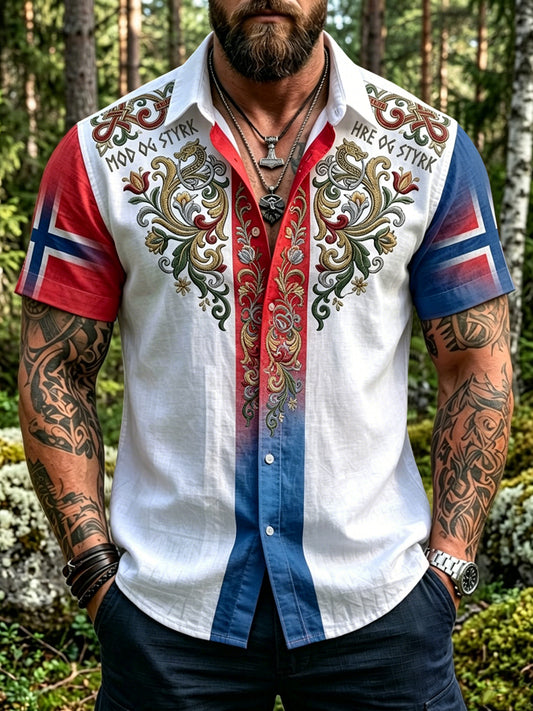 Men's vintage Norwegian print patchwork casual shirt