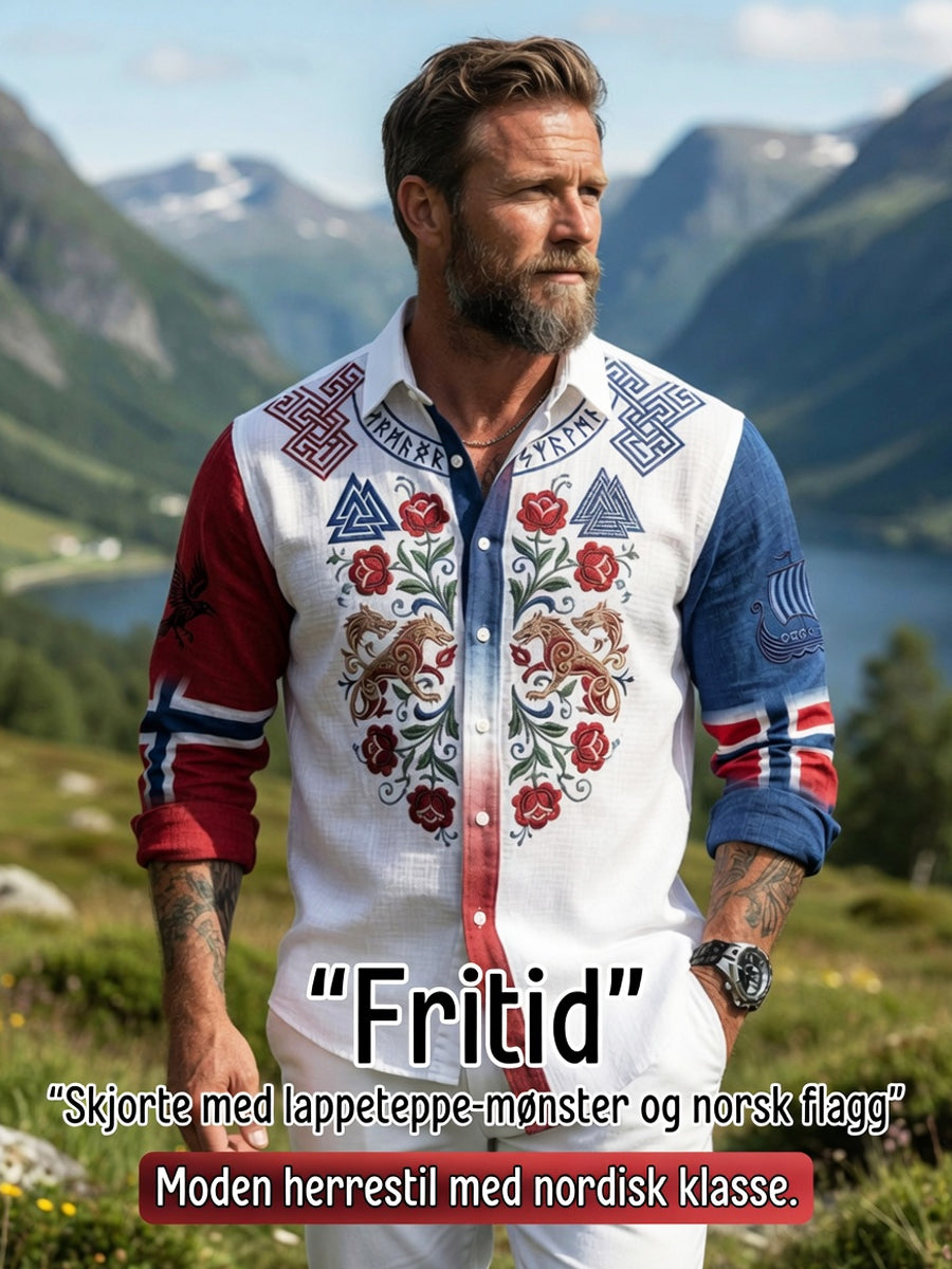 Mannens vintage norske symmetriske mønster fritidsskjorte