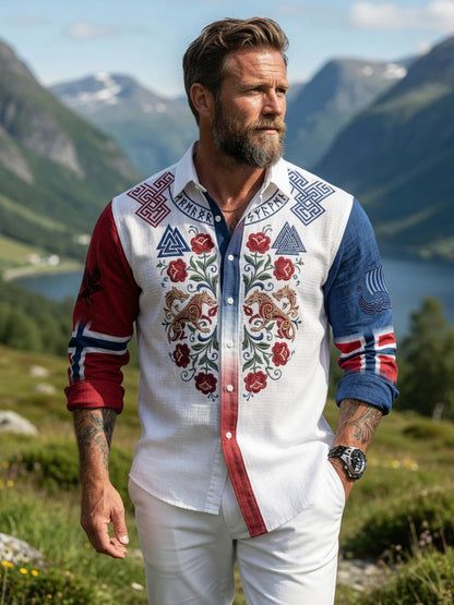 Mannens vintage norske symmetriske mønster fritidsskjorte